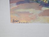 a picture of a painting of a beach scene with umbrellas
