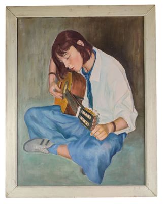 painting of a woman playing a guitar in a white shirt and blue pants