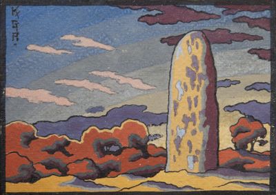 an image of a painting of a tall stone in the middle of a field