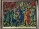 une peinture à l'huile représentant un groupe de personnes marchant dans une rue