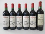 six bottles of red wine lined up in a row on a table