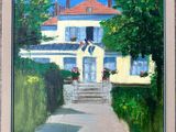 peinture d'une maison blanche avec un toit rouge par une journée ensoleillée