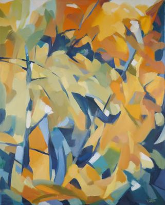 an oil painting of yellow leaves in a vase on a table