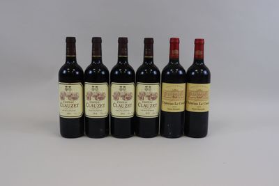 six bouteilles de vin rouge alignées sur une surface blanche