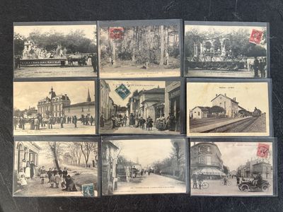 several old black and white photographs of a train station