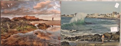 deux photos de personnes sur la plage, dont l'une tient une planche de surf