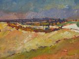 une peinture représentant une peinture d'un paysage avec des collines en arrière-plan