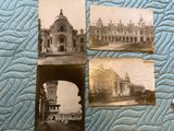 three black and white photos of old buildings on a blue quilt