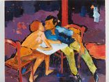 painting of two men sitting at a table in a restaurant