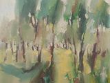 une peinture à l'huile représentant des arbres et de l'herbe dans un champ