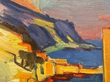 an oil painting of a view of a mountain and a body of water