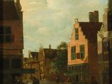 painting of a street scene with a horse drawn carriage in the foreground