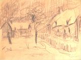 a drawing of a person walking down a street