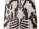 une image représentant un dessin en noir et blanc d'un homme tenant un chien