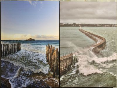 deux photos d'une jetée au milieu d'un plan d'eau