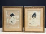 two framed pictures of a woman in a hat and a woman in a dress