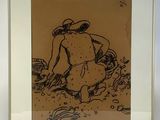 drawing of a woman in a hat and dress kneeling in the sand