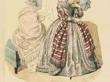 an old fashion illustration of a woman in a dress and a woman in a hat