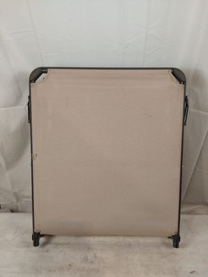 an image of a beige folding chair with wheels on a white background