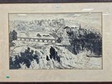 tableau représentant un train traversant un pont au-dessus d'une rivière dans une région boisée