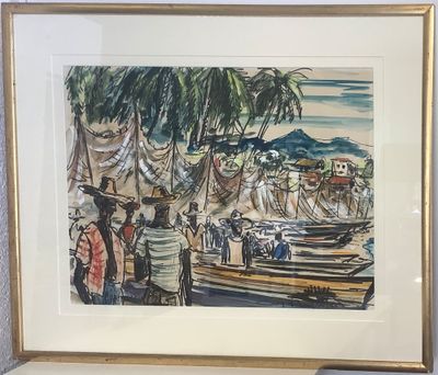une photo d'une photo d'un tableau représentant des personnes sur la plage