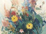 une peinture représentant un vase de fleurs sur une table