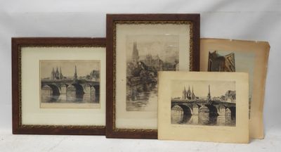 three framed photographs of a bridge over a river with a bridge in the background