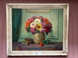 a painting of flowers in a vase on a table