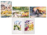 several paintings of a mountain range with a castle in the distance