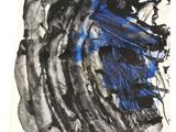 abstract black and blue painting on a white background of a horse ' s head