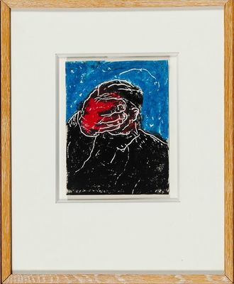 tableau représentant un homme au visage rouge, dans un cadre blanc