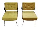 pair of mid century modern lounge chairs with yellow upholstered cushions