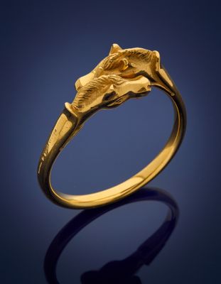 a close up of a gold ring with a horse head on it