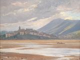 painting of a view of a town with a mountain in the background