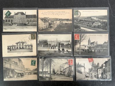 several black and white photos of old postcards of a town