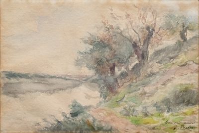 peinture représentant un paysage avec des arbres et une rivière au loin