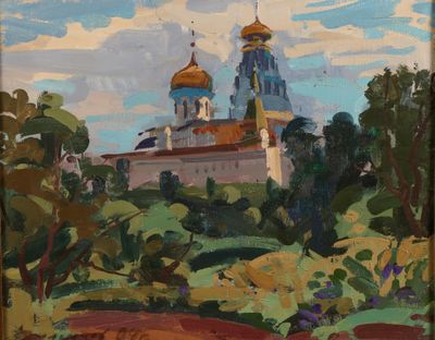 an image of a painting of a church on a hill