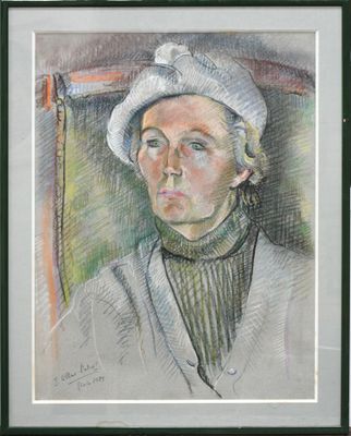painting of a woman in a white hat with a cane in her hand