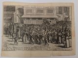 a black and white drawing of a crowd of people standing in front of a building
