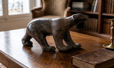 une statue d'ours polaire posée sur une table dans un salon