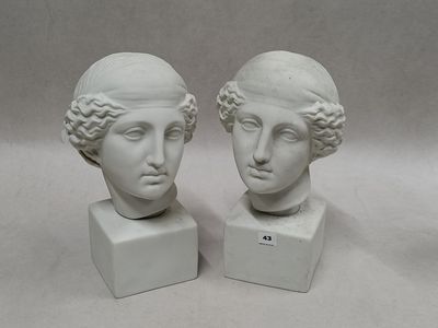 pair of white marble busts of two women with curly hair