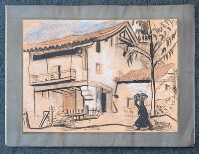 drawing of a woman walking down a street with an umbrella