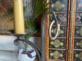 a vase with a plant in it next to a cabinet