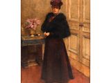 painting of a woman standing in a room with a vase of flowers on a table