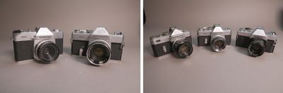 two pictures of a couple of old cameras sitting on top of a table