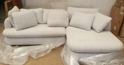 Canapé d'angle droit, en tissu bouclette gris clair, dimensi…