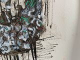 a drawing of a woman sitting on a chair with a bunch of flowers
