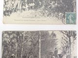deux vieilles cartes postales représentant des personnes et des animaux dans un environnement boisé