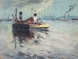 une peinture représentant un bateau sur un plan d'eau