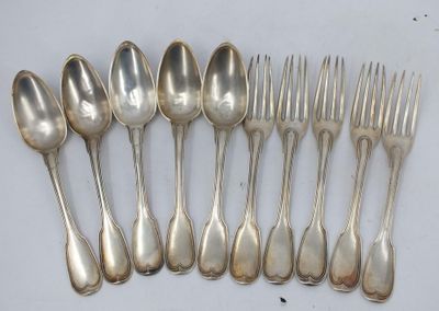 eight silverplated spoons and forks are lined up on a white surface